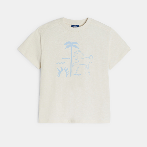 تيشيرت بأكمام قصيرة، باللون البيج الفاتح للأولاد، وعليه نقش الحصان